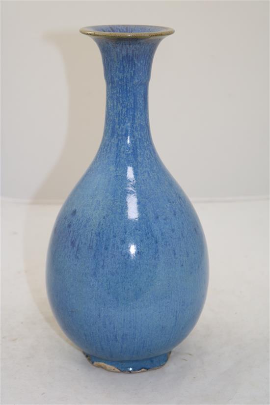 A Chinese robins egg glazed pear shaped vase, Yuhuchunping, 19th/20th century, 29.5cm, drilled hole to base